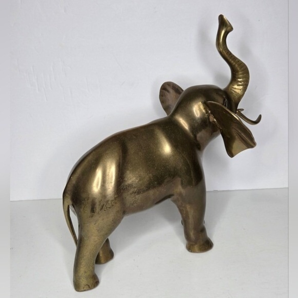 Vintage Mid Century Solid Brass Elephant Figurine Trunks Up Good Luck Decor 13" - Picture 7 of 11